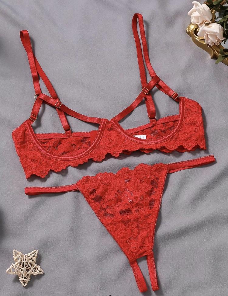 Ugreat Women's Floral Lace Sexy Lingerie Set, Sexy Cut Out Underwire Bra & Open Crotch Design Thong Two-Piece Set, Lingerie Set for Women, 2000s Wear Pink Straps