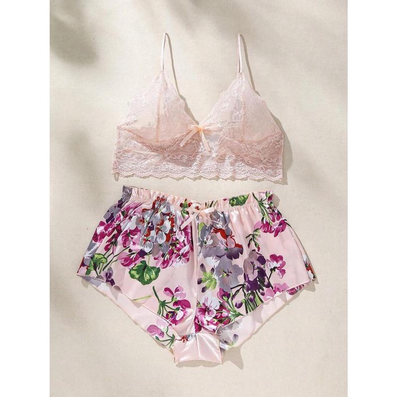 Plus Size Women's 2-Piece Lingerie Set - Floral Lace Cami Top With Satin Shorts Pajama Set |   Party Outfit & Home Wear |   Gift Included Bra Panty