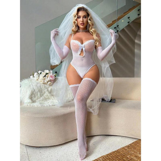 5 Piece Set Women's Sexy Bodysuit and Fishnet Set for Wedding Season Sheer Sleeve Strap Fabric Lingerie