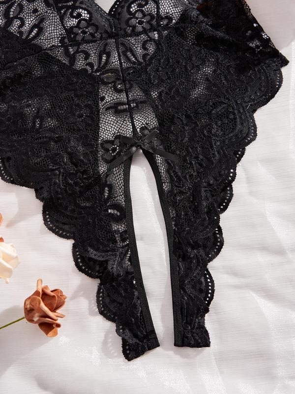 Women's Plain Bow Decor Cut Out Sheer Lace Cami Bodysuit, Sexy Comfy Breathable Backless Bodysuit for Daily Wear, Women's Lingerie for All Seasons