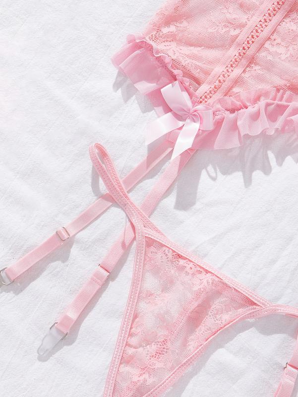 Floral Lace Mesh Lingerie Set Teddy Babydoll Bodysuit with Garter Belts Panty