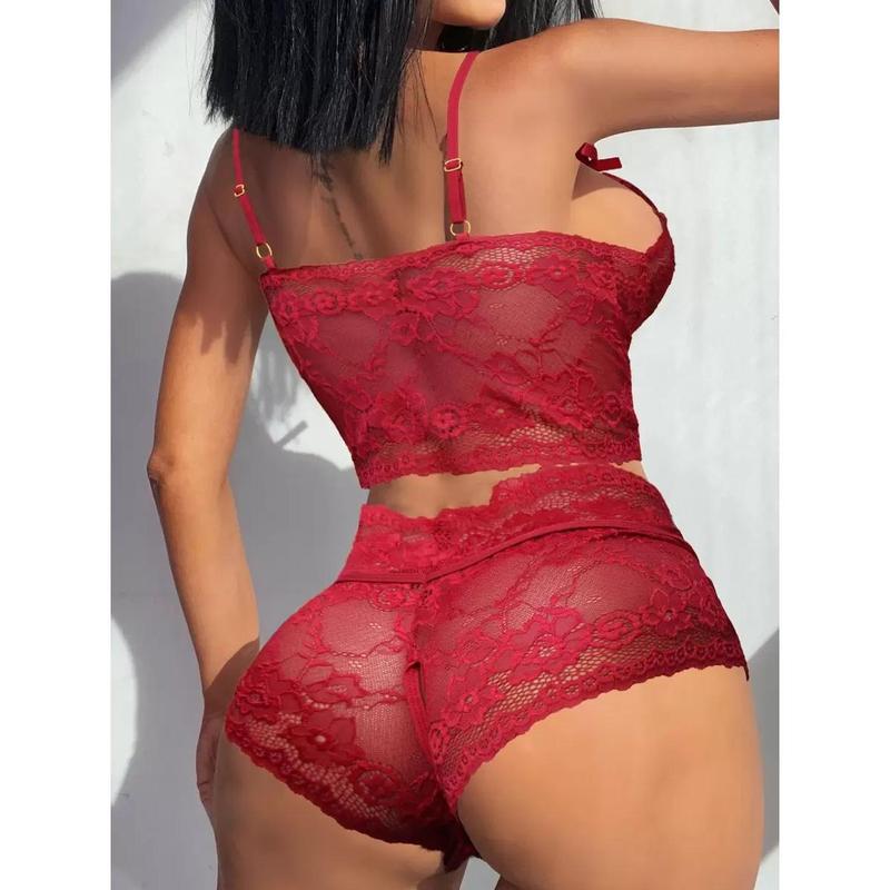 Classic Sexy Floral Lace Cut-out Lingerie Set Piece Womenswear Fabric Blue Basic Minimalist
