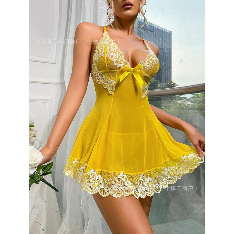 Women’s New Sexy Orange Lace Mesh Lingerie Dress Womenswear Loungewear