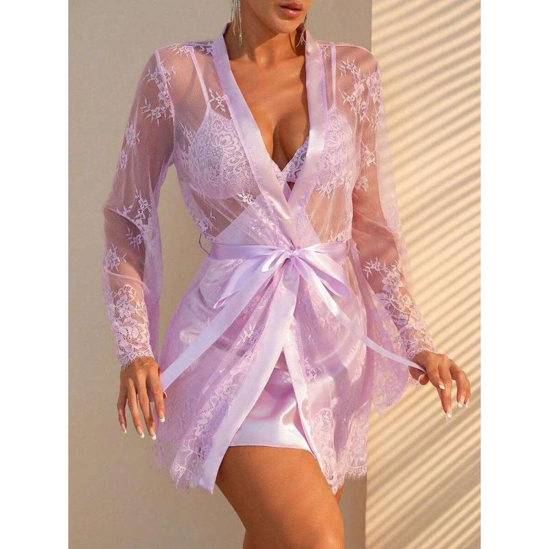Women's Sexy 2-Piece Lingerie Set |   Babydoll & Lace Kimono Robe |   Mesh Sleep Dress With Gown |   Valentine's Day Gift |   Free Accessories Included Satin Womenswear Bra Elegance Embroidery Everyday