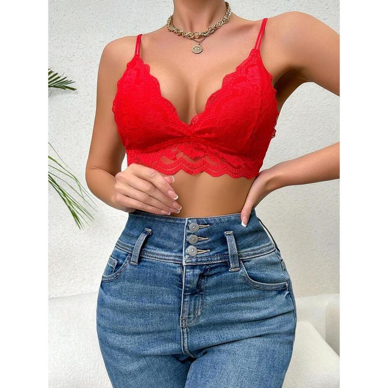 Floral Lace Scallop Trim Bralette Lingerie Womenswear Party Tops Nylon Black