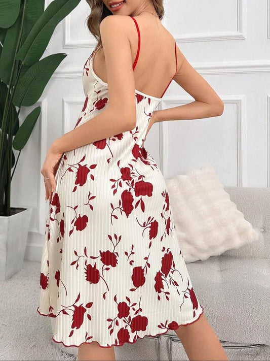 Women's All Over Floral Print Silky Lettuce Trim Cami Nightdress, Casual Soft Comfortable Spaghetti Strap Tie Front Nightgown for All Seasons, Fashion Ladies' Sleepwear for Daily Wear