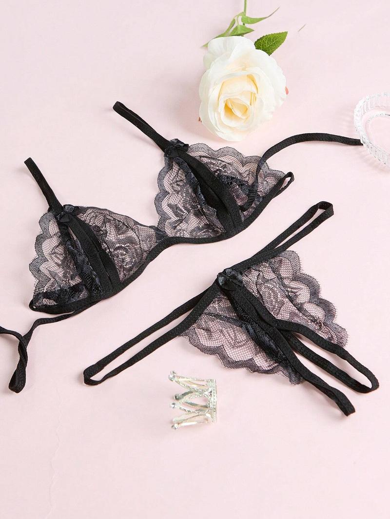 3 Pieceslingerie Set Solid Color V-Neck Lace Floral Fashion Design Lingerie Set, Bra And Open Lingerie, Couple Date, Halloween, Christmas, Valentine's Day, Girlfriend Gift, Free Temptation Set White Black Womenswear Red Fabric Casual Basic Minimalist