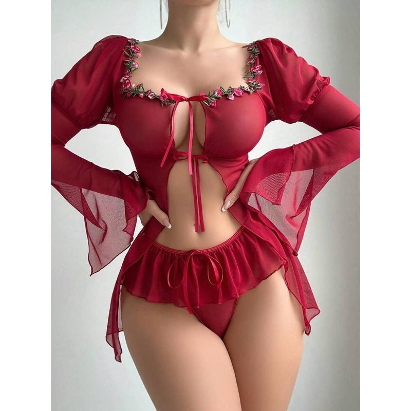 2pcs Set Romantic Ruffle Front Tie Long Sleeve Nightgown + Ruffle Trim Panty Fabric Womenswear