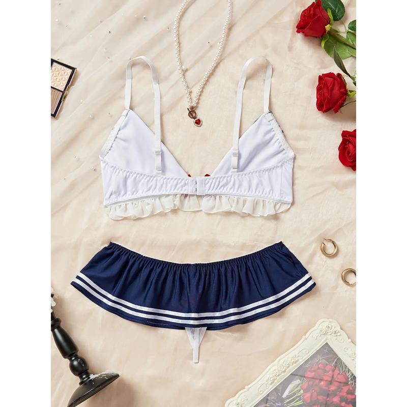 Ocean Style Lingerie Set - Women's Ruffled Bow Underwire Bra and Panties, Sexy Role Play Comfortable Design