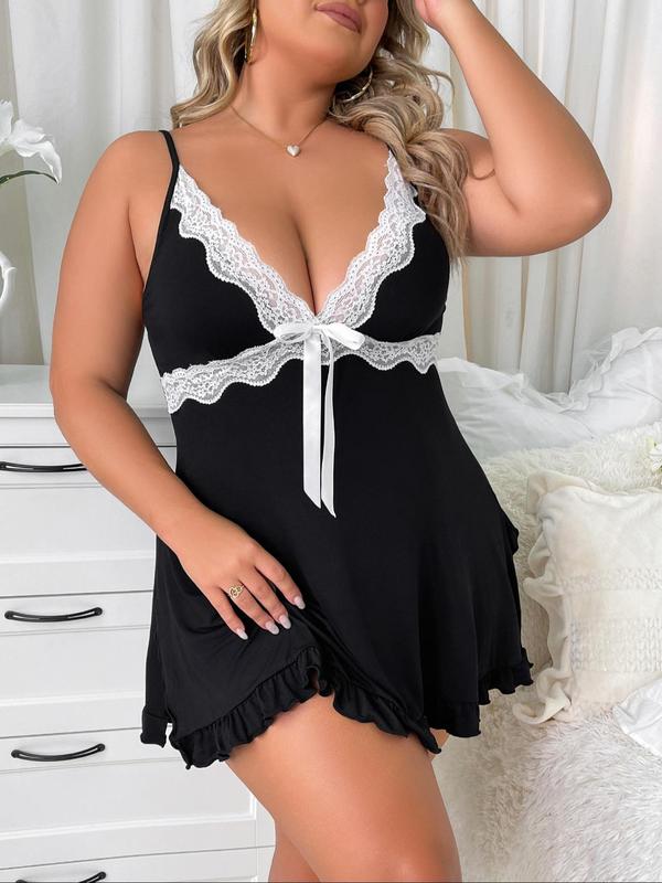 【Plus Size】 Contrast Lace Bow Decor Cami Nightdress, Elegant Ruffle Hem Split Thigh Nightgown, Women's Sleepwear for All Seasons