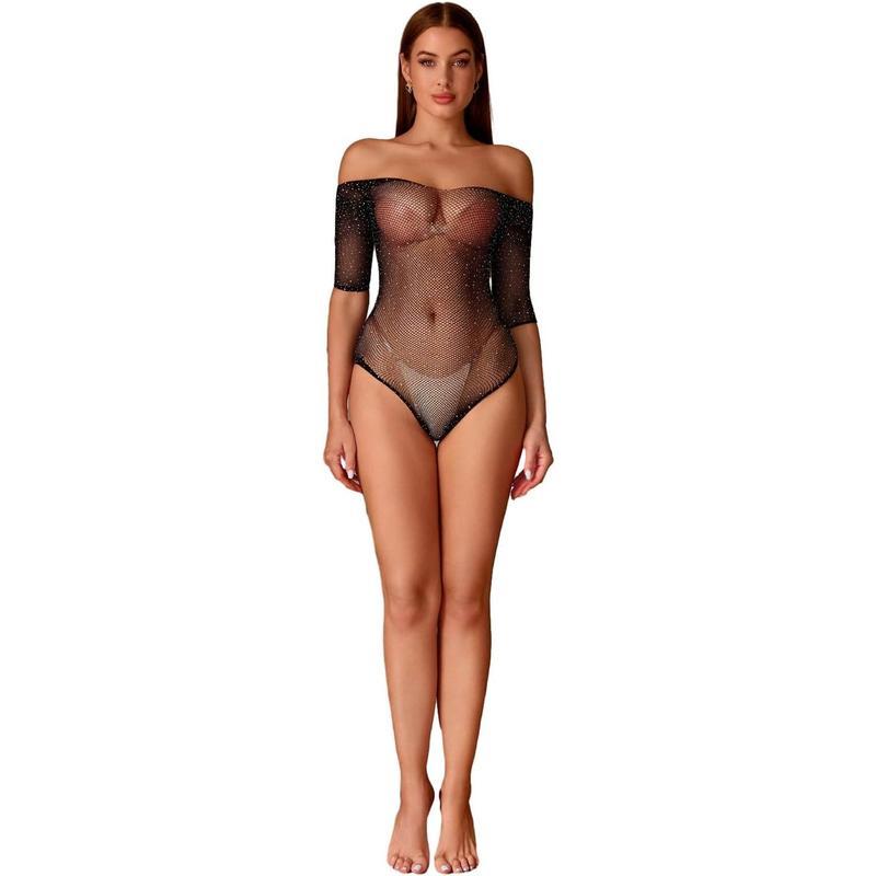 Women Lingerie Fishnet Bodysuit Sparkle Rhinestone  Mesh Teddy Lingerie One Size Womenswear Basic Fabric Formal