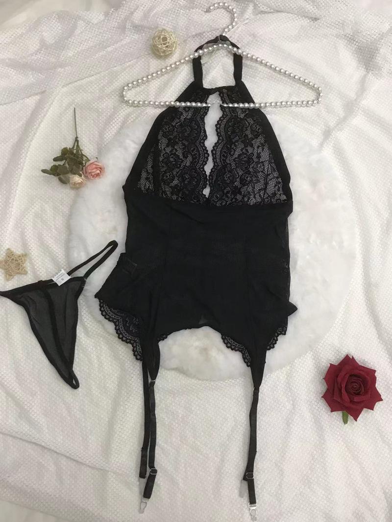 Women's Sheer Lace Sexy Lingerie Two-Piece Set, Sexy Scallop Trim Cut Out Halter Neck Lingerie Top & Thong Set, Women's Lingerie Set for All Seasons
