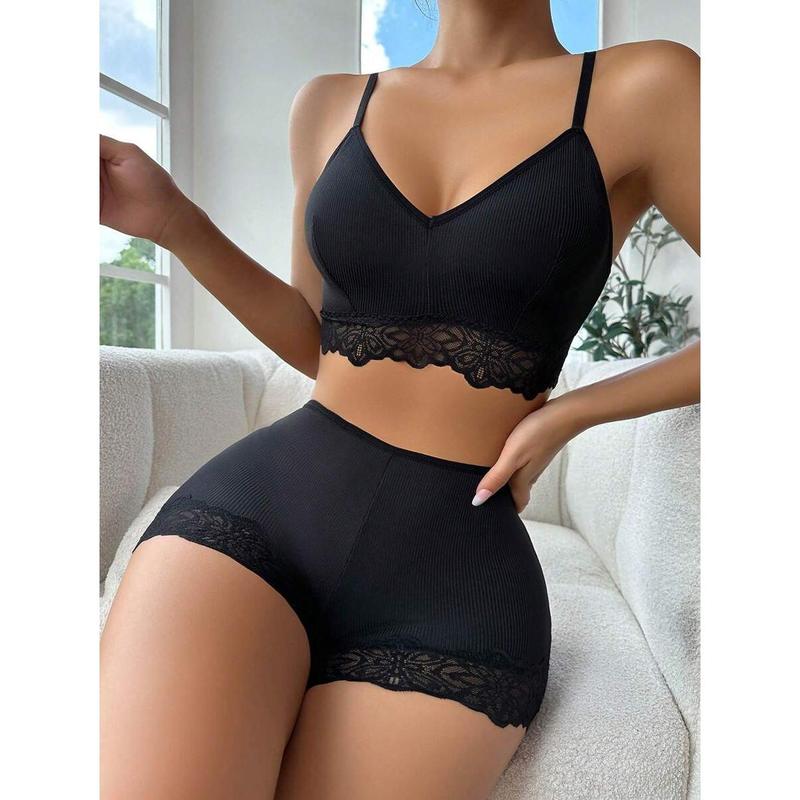 Contrast Lace Bra & Panty Set Lingerie Set Piece Casual Womenswear Spaghetti Strap Bluepanty Minimalist Basic