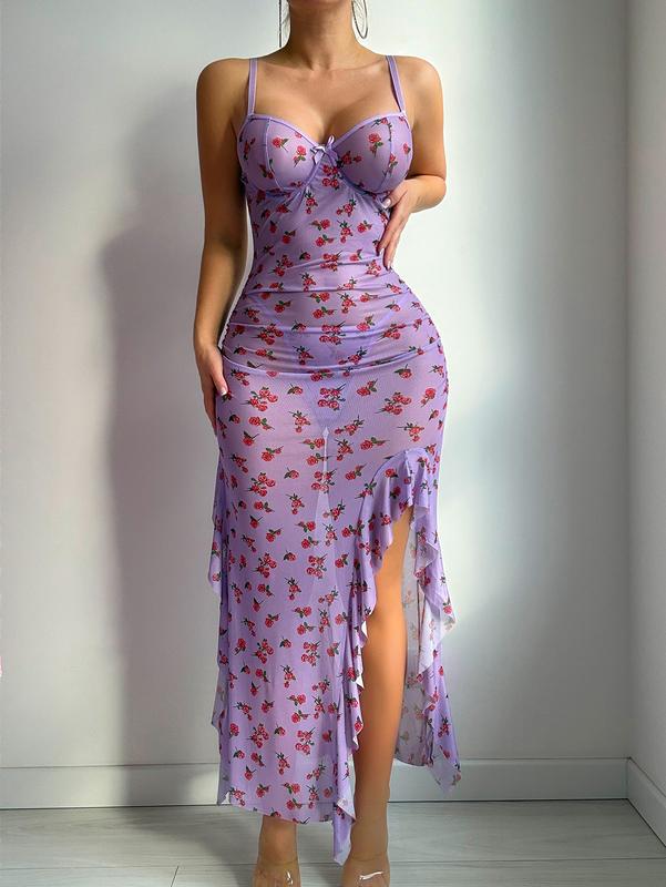 Women's Floral Babydoll Lingerie Dress High Slit Ruffle Long Nightgown with Thong dealsforyoudays