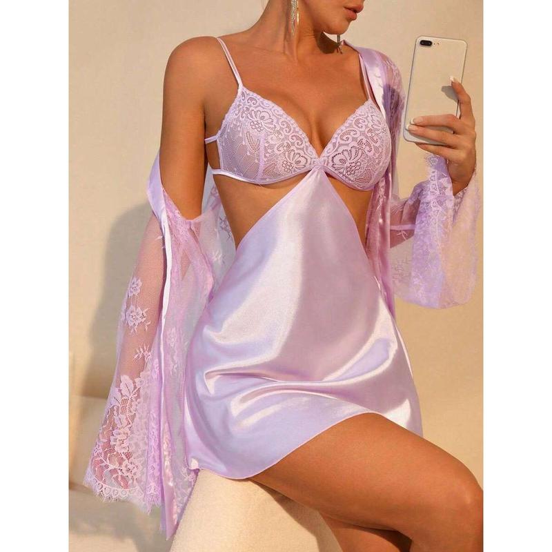 Women's Sexy 2-Piece Lingerie Set |   Babydoll & Lace Kimono Robe |   Mesh Sleep Dress With Gown |   Valentine's Day Gift |   Free Accessories Included Satin Womenswear Bra Elegance Embroidery Everyday