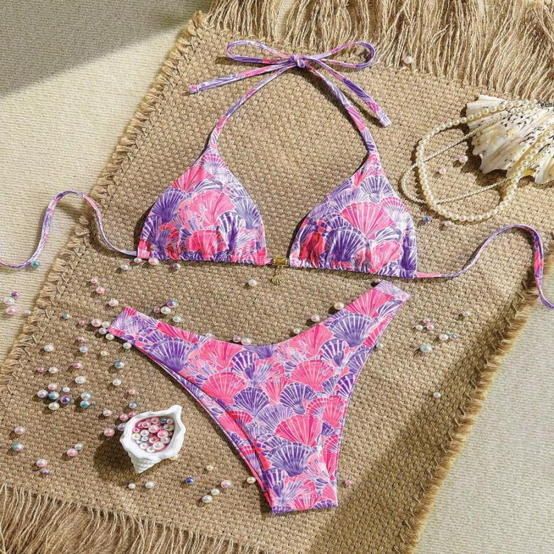 Swim Summer 2 Pieces Outfits For Women - Spaghetti Strap Random Print Top And High Cut Swim Bottoms, Beach Holiday Bikini Set