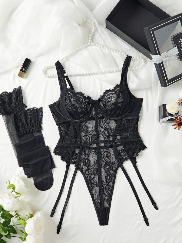 3 Piece Floral Lace Bow Front Spaghetti Strap Underwire Garter Babydoll Bodysuit with Stocking