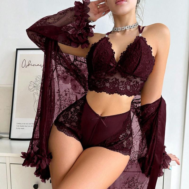 Silky Spell Women's Burgundy contrast night gown romantic neck teddy bodysuit one-piece woman Romantic Dress second vibes thong sexy sleepwear lacey elegant nightwear Vintage Preppy Plaid Crop Top acrylic blend Floral Lace Push-Up Lingerie Set