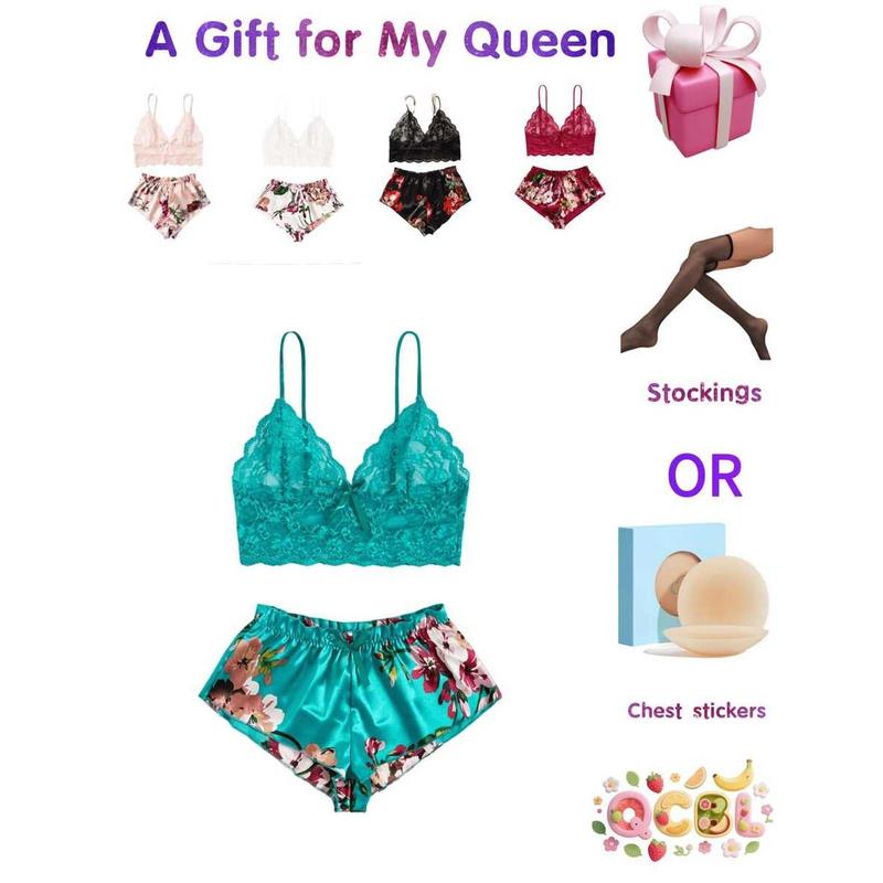 Women's Green Floral Lace Cami & Satin Shorts Pajama Set |   2-Piece Sleepwear Loungewear |   Soft Comfort Fabric |   Gift Included |   Home Wear Womenswear Backless Romantic Party