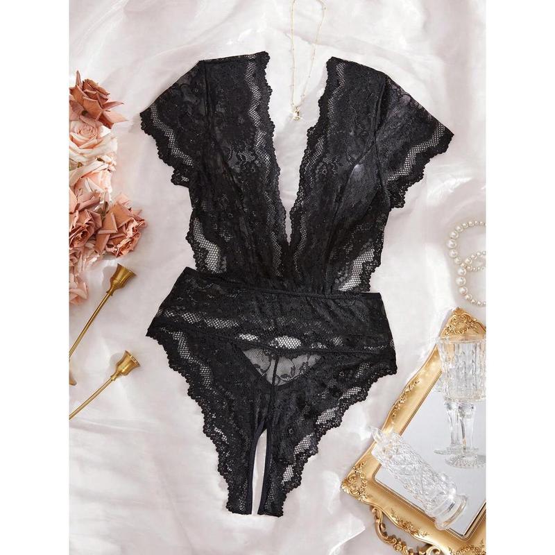 Classic Sexy Floral Lace Crotchless Teddy Bodysuit Lingerie Fabric Womenswear Party Print