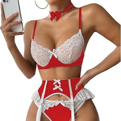 Women's 6 Piece Set Floral Lace Bow Front Colorblock Underwire Garter Lingerie Set with Stocking dealsforyoudays
