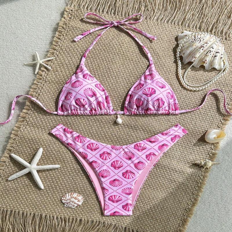 Swim Summer 2 Pieces Outfits For Women - Spaghetti Strap Random Print Top And High Cut Swim Bottoms, Beach Holiday Bikini Set