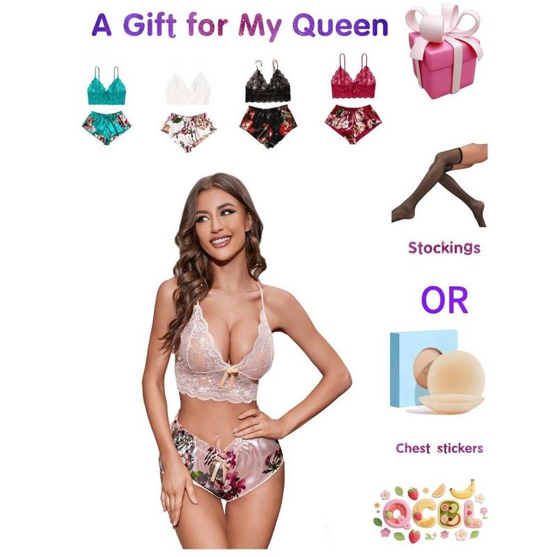 Women's Green Floral Lace Cami & Satin Shorts Pajama Set |   2-Piece Sleepwear Loungewear |   Soft Comfort Fabric |   Gift Included |   Home Wear Womenswear Backless Romantic Party