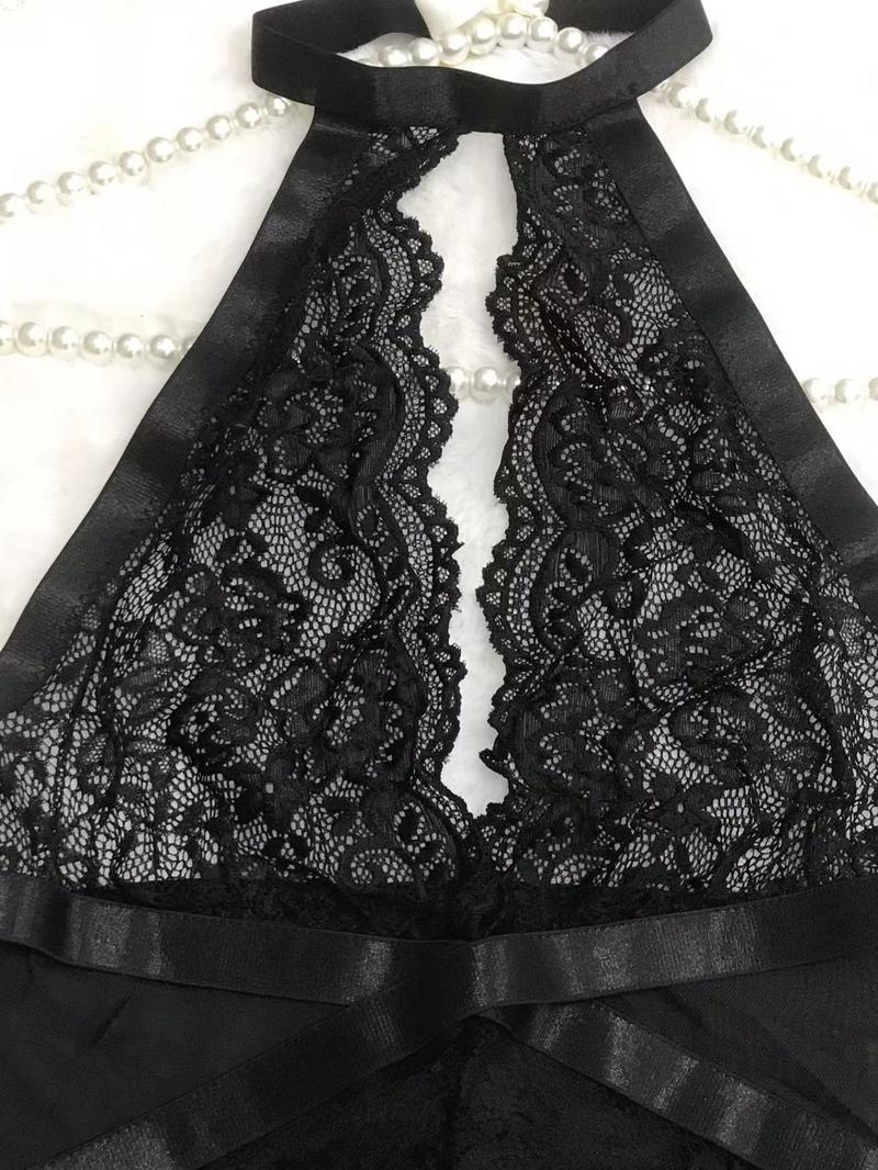 Women's Sheer Lace Sexy Lingerie Two-Piece Set, Sexy Scallop Trim Cut Out Halter Neck Lingerie Top & Thong Set, Women's Lingerie Set for All Seasons