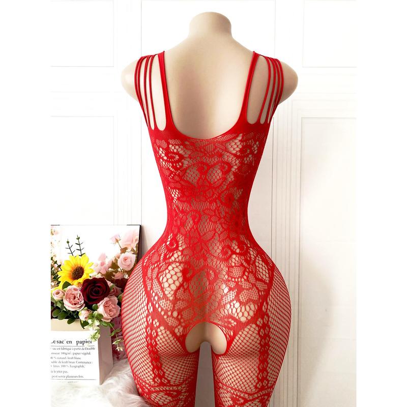 Red sexy jacquard lingerie set for women - high elastic semi-sheer mesh covering with fishnet leggings, open design and seams, perfect as a Valentine's Day gift and intimate night choice, set lingerie Clothes Soft