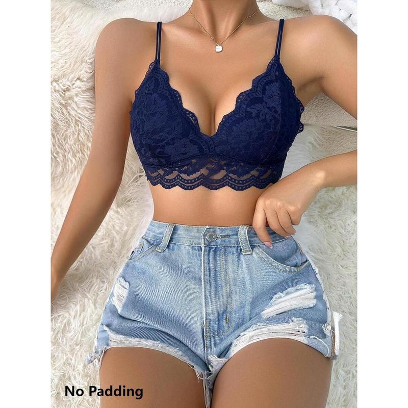 Floral Lace Scallop Trim Bralette Lingerie Womenswear Party Tops Nylon Black