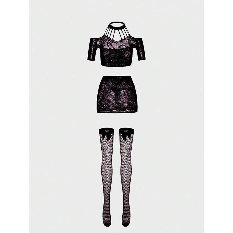 4pcs Set Women's Sexy Lingerie Bodysuits With Stockings, Elastic Rose Red Fishnet Fabric Womenswear Piece Short