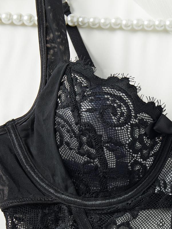 3 Piece Floral Lace Bow Front Spaghetti Strap Underwire Garter Babydoll Bodysuit with Stocking