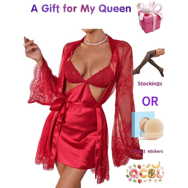 Women's Sexy 2-Piece Lingerie Set |   Babydoll & Lace Kimono Robe |   Mesh Sleep Dress With Gown |   Valentine's Day Gift |   Free Accessories Included Bra Elegance Fabric Satin Embroidery Everyday