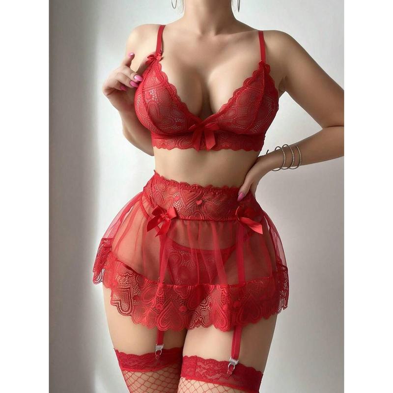 5pcs/Set Women Lace Contrast Mesh Sexy Lingerie Set (Wireless Bra, T-Back Panty, Half Slip, 2 Pairs Mesh Stockings) Bridallingerie