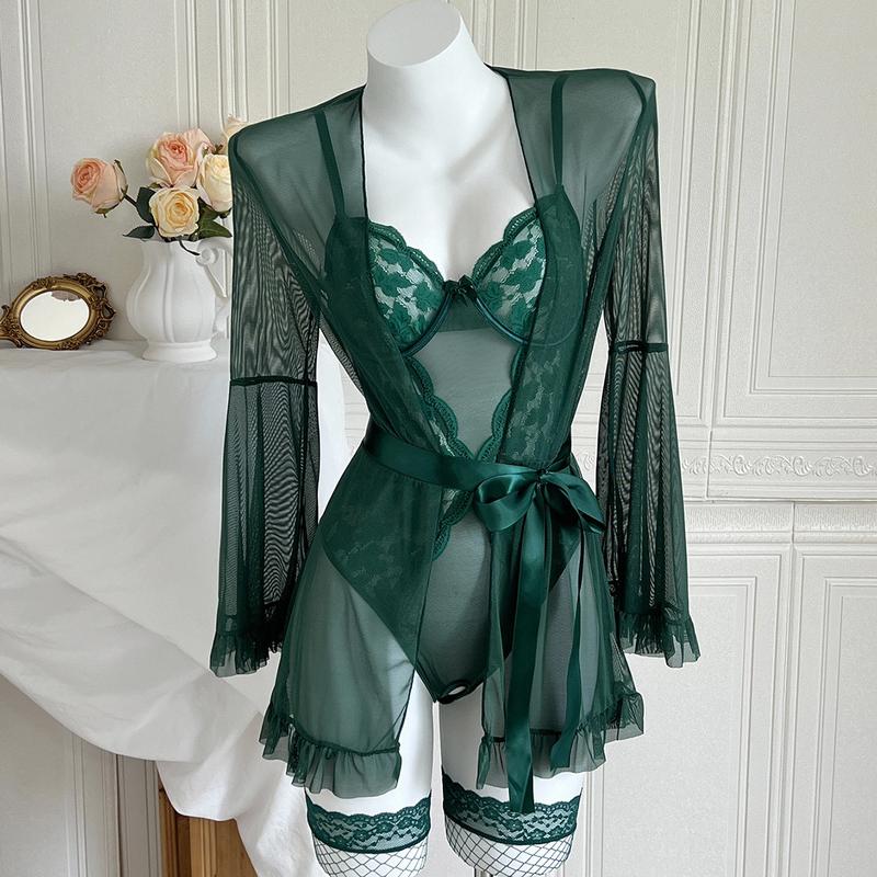 5 Piece Lingerie Set Floral Lace Teddy Bodysuit with Belt Robe Stockings dealsforyoudays