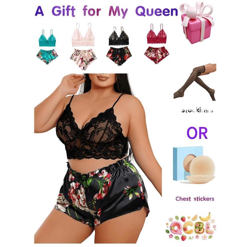 Plus Size Women's 2-Piece Lingerie Set - Floral Lace Cami Top With Satin Shorts Pajama Set |   Party Outfit & Home Wear |   Gift Included Bra Panty