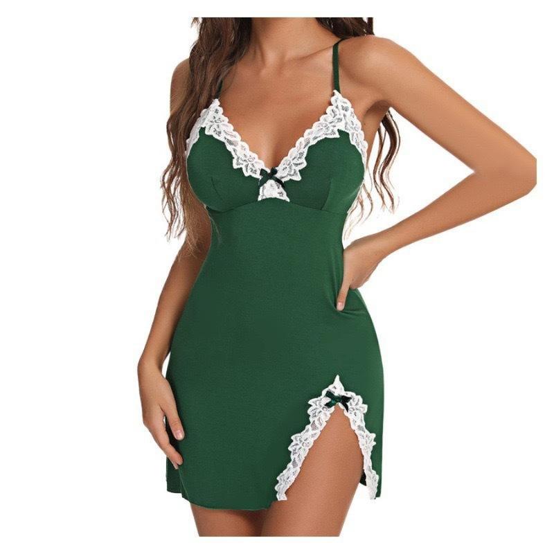 Plus Size Sexy Push up Deep V Bow Side Stitched Slim Fit Slip Nightdress Lingerie Suit Loungewear Nightwear