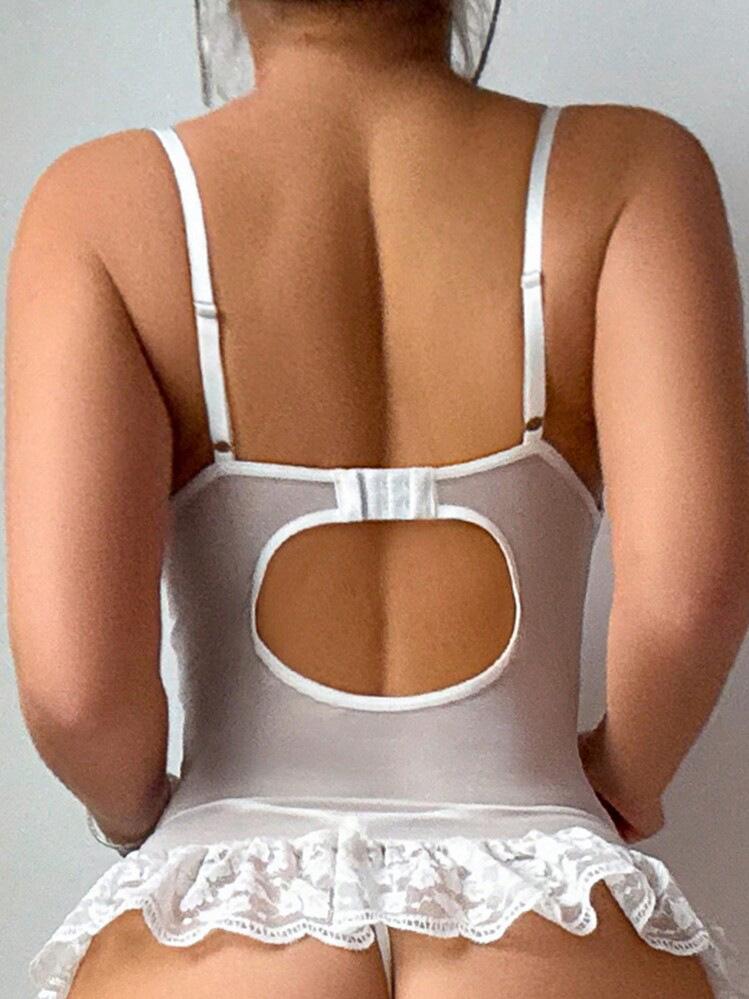4 Piece Floral Lace Wedding Night Lingerie Sets Ruffle Hem Garter Babydoll Bustier Set with 1 Pair Stockings Womenswear Basic