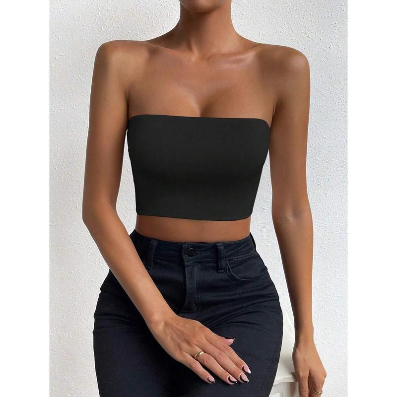 SolidTube Crop Top Fashion Fit Sleeve Womenswear Fabric Polyester Sheer Basic Minimalist