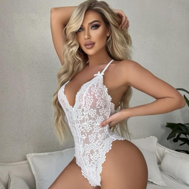 Ugreat Women's Criss Cross Backless Sheer Lace Bodysuit, Adjustable Strap Bow Decor Lingerie, Ladies Sexy Lingerie for All Seasons Fit Black Floral Comfort Womenswear Stretchy Basic Minimalist halter v neck