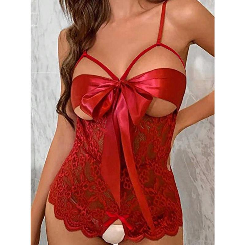 Women's Green Lace Sheer Open Crotch Bodysuit Lingerie for Sexy Wear Polyester Basic