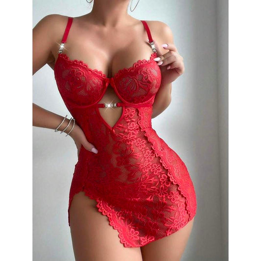 2pcs/Set Sexy Lace Contrast Mesh Nightgown Babydoll (With Underwire, T-Back) For Women Bridallingerie Fabric Womenswear Bra Loungewear