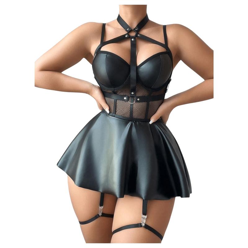 Pu Leather Lingerie Set Hollow Out Halter Underwired Lingerie Dress
