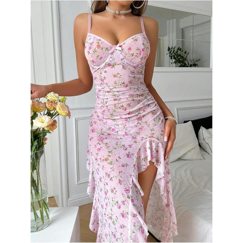Women's Floral Babydoll Lingerie Dress High Slit Ruffle Long Nightgown with Thong dealsforyoudays