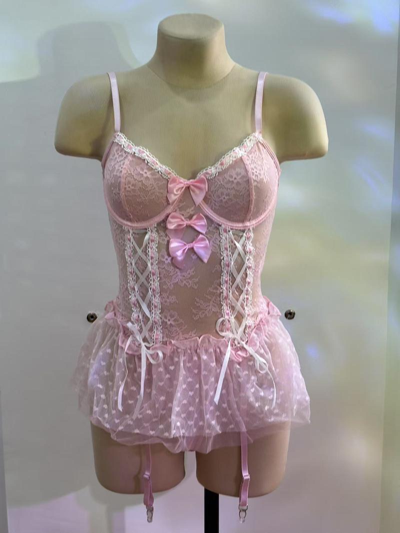 New sexy steel ring gathered temptation transparent mesh bow one-piece sexy underwear