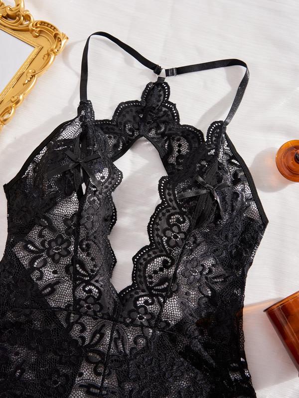 Women's Plain Bow Decor Cut Out Sheer Lace Cami Bodysuit, Sexy Comfy Breathable Backless Bodysuit for Daily Wear, Women's Lingerie for All Seasons