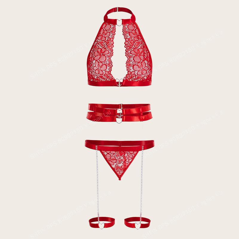 Lingerie Sets 5 Piece Lace Ring Linked Halter Bra and Panty Garter Belts Set