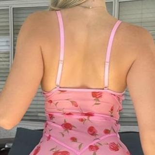 2 Piece Lingerie Set Floral Ruched Ruffle Babydoll Lingerie Chemise Nightgown Sleepwear Pink Loungewear