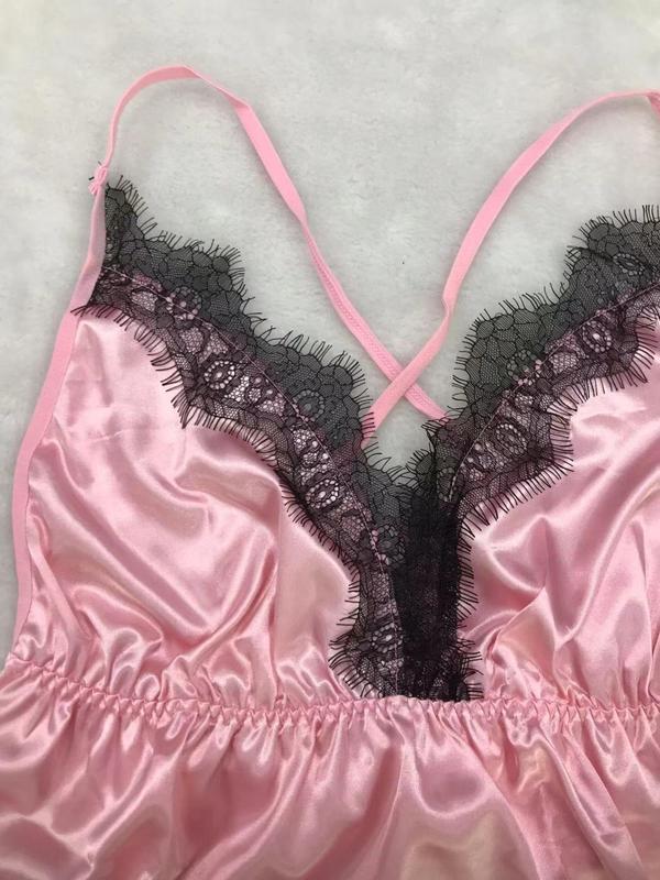 Women's Contrast Lace Criss Cross Backless Cami Nightdress, Split Hem Spaghetti Strap Nightgown, Women's Sleepwear for Summer