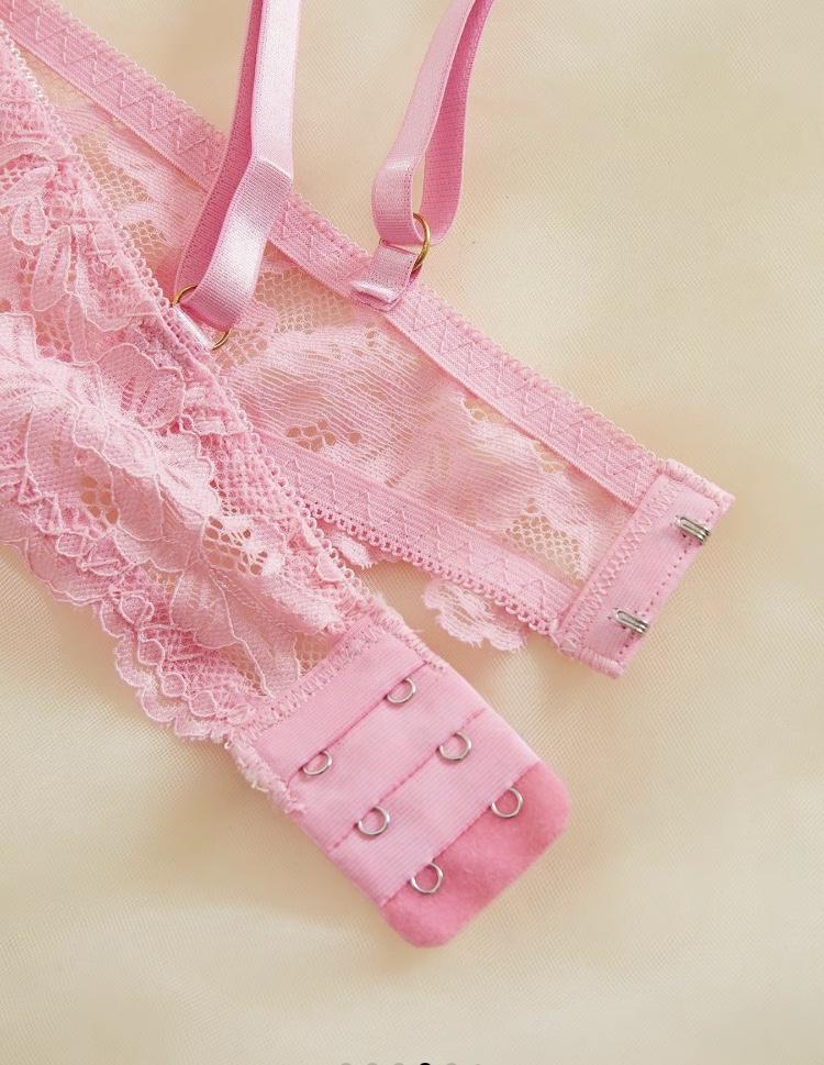 Ugreat Women's Floral Lace Sexy Lingerie Set, Sexy Cut Out Underwire Bra & Open Crotch Design Thong Two-Piece Set, Lingerie Set for Women, 2000s Wear Pink Straps